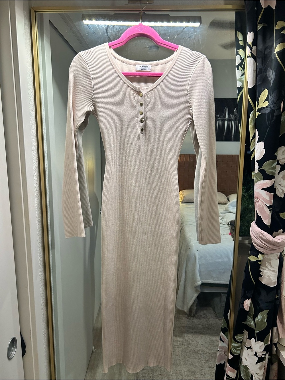 Workshop Republic Clothing Long Sleeve Ribbed Maxi Dress in Light Beige